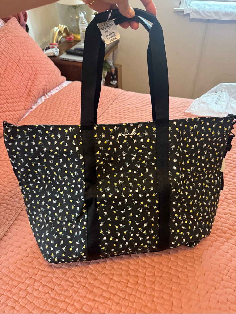 PINK Victoria's Secret Black Tote with Yellow & White Floral Print